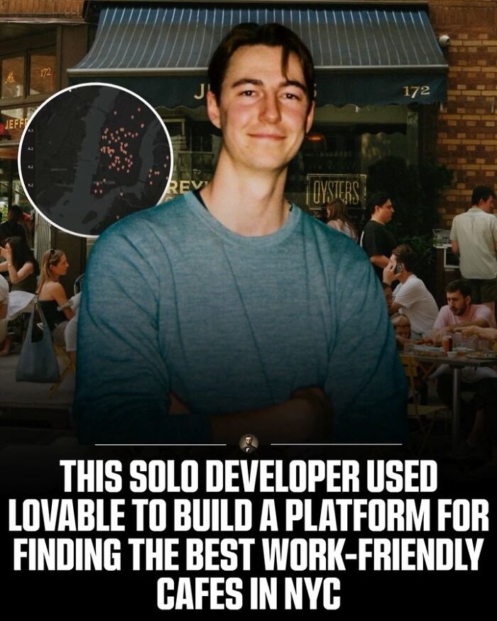 Solo developer standing outdoors next to a map graphic of NYC work-friendly cafes