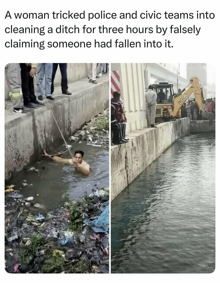 Workers clean a muddy concrete canal, an example of fascinating stories found on social media.