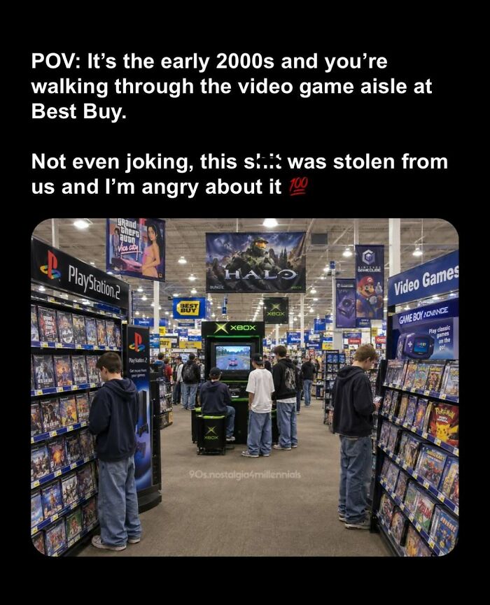 Early 2000s Best Buy video game aisle evoking 90s nostalgic pics of gaming culture.