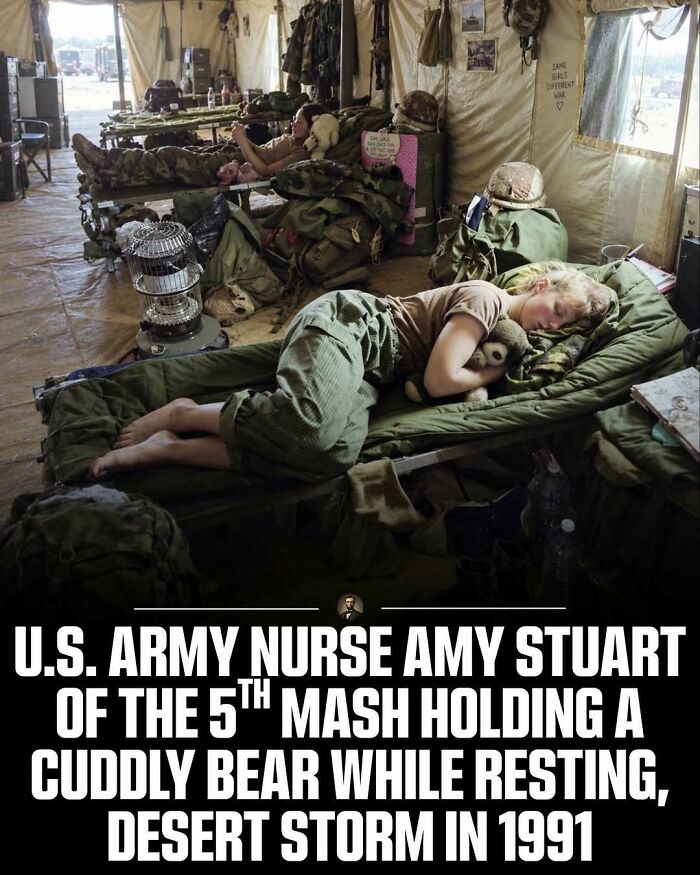 Army nurse Amy Stuart resting during Desert Storm, showing photos from history.