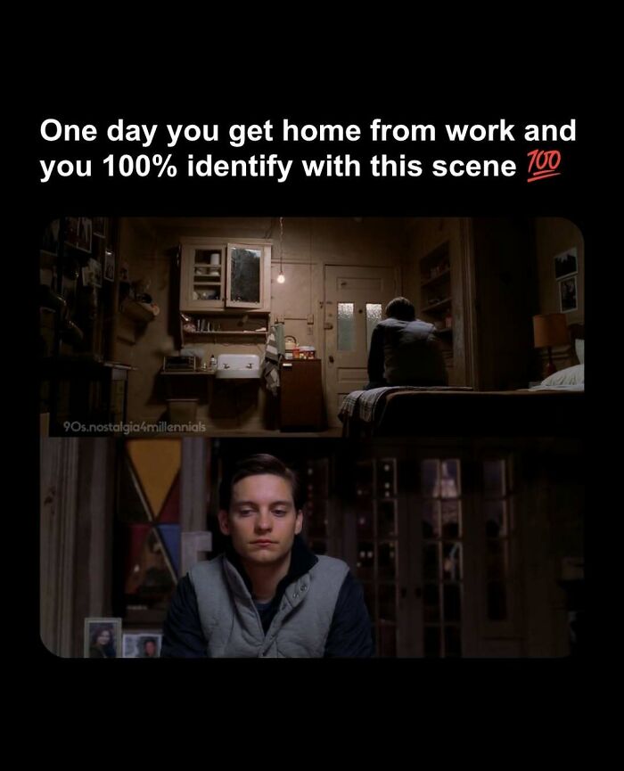 Tobey Maguire from Spider-Man looking tired, highlighting a classic 90s nostalgic style meme.