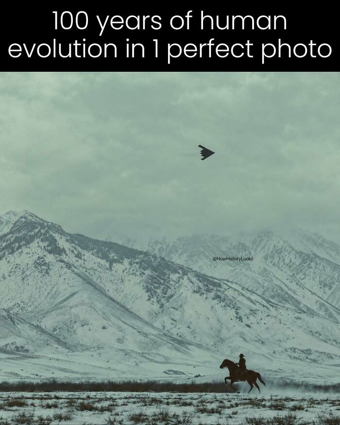 A rider on horseback below a modern aircraft, illustrating photos from history.