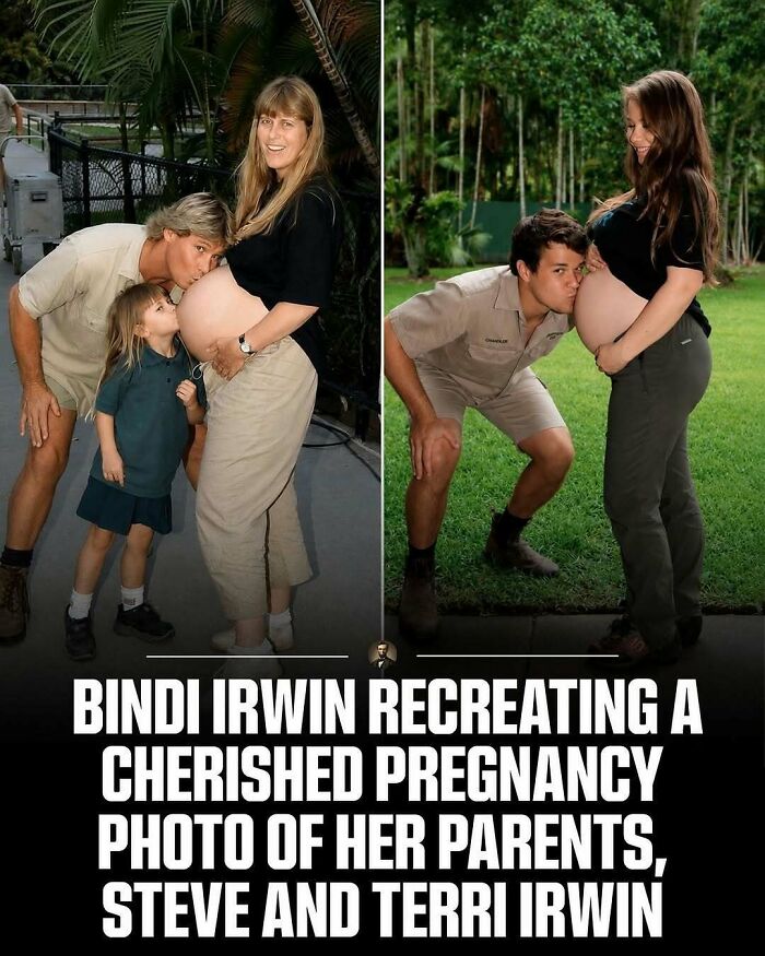 Recreation of Steve and Terri Irwin pregnancy photo by Bindi Irwin, showing photos from history