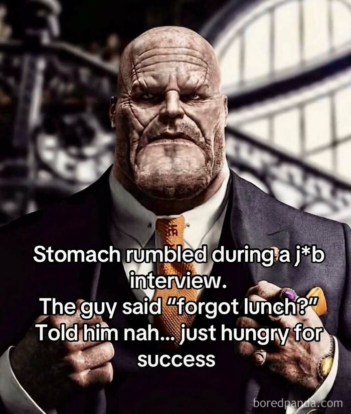 Hilariously ridiculous memes with a business-suited Thanos talking about being hungry for success