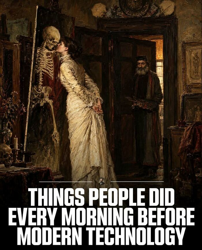 A classic painting of a woman kissing a skeleton in an artist studio, showcasing photos from history