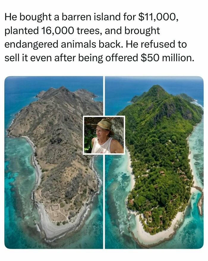 Before and after photos of a lush green island transformed from a barren landscape, illustrating fascinating stories