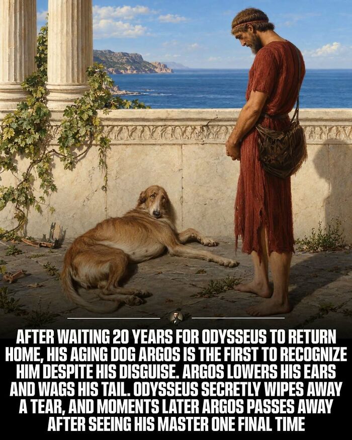 An illustration depicting Odysseus and his loyal dog Argos, offering a glimpse into photos from history.