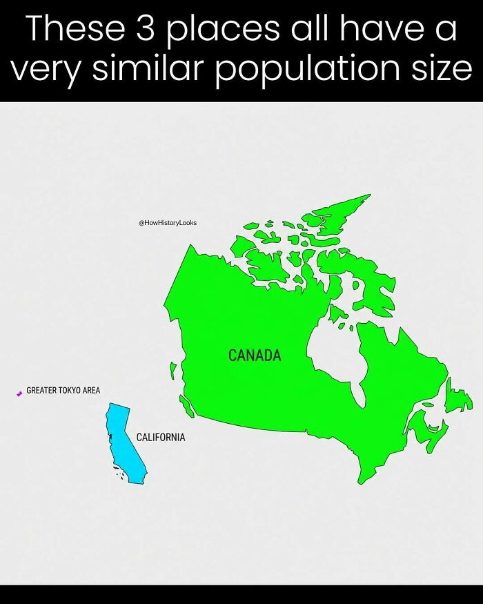 A population map comparing Canada, California, and Tokyo, highlighting unique facts and photos from history.