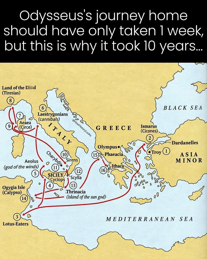 A detailed map tracing Odysseus’s 10-year journey home across the Mediterranean, capturing photos from history.