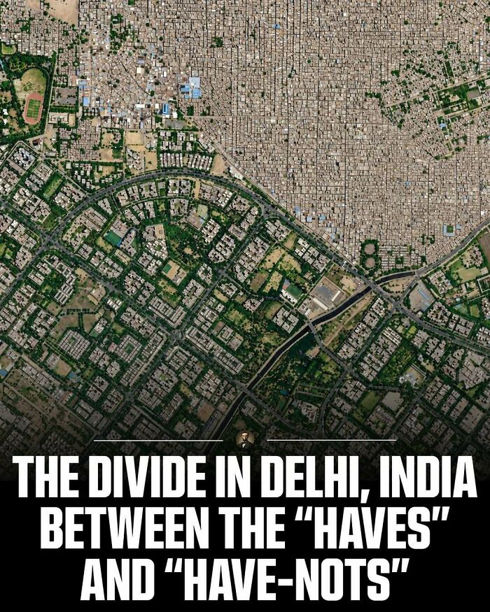 Aerial view showing economic divide in Delhi India, a striking visual from history