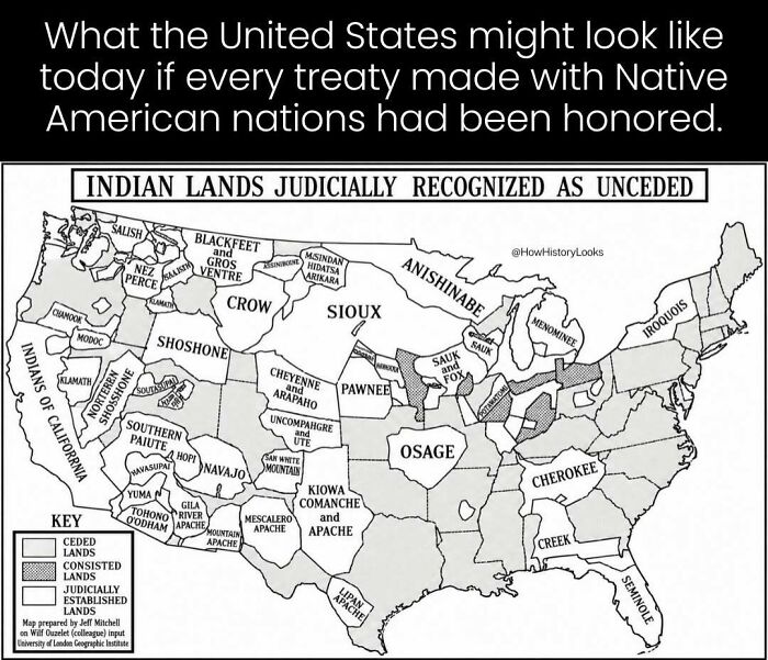 Photos from history of a map illustrating recognized unceded Native American lands.