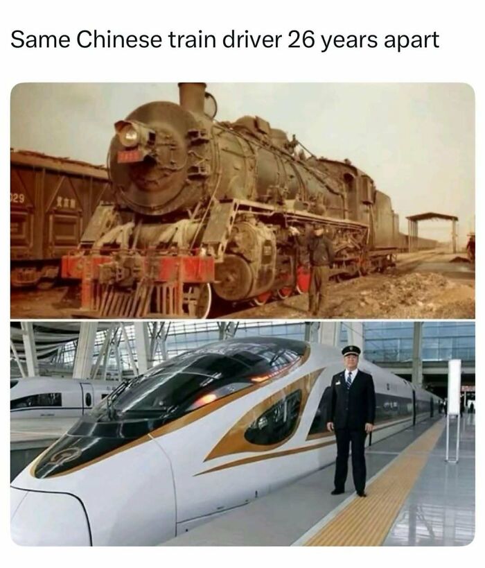 Comparison of a Chinese train driver with a steam engine and a modern bullet train, a random find