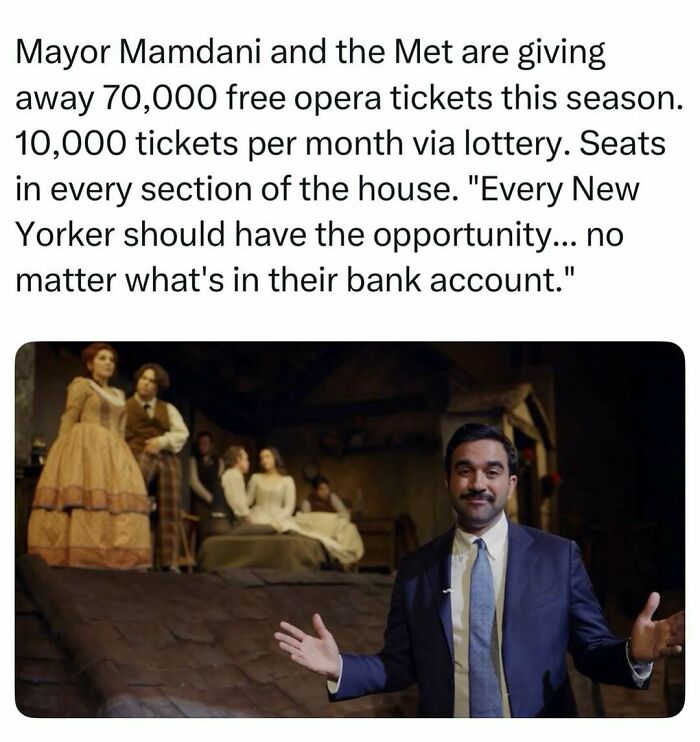 Mayor Mamdani announcing free opera tickets in front of a stage, representing fascinating stories online
