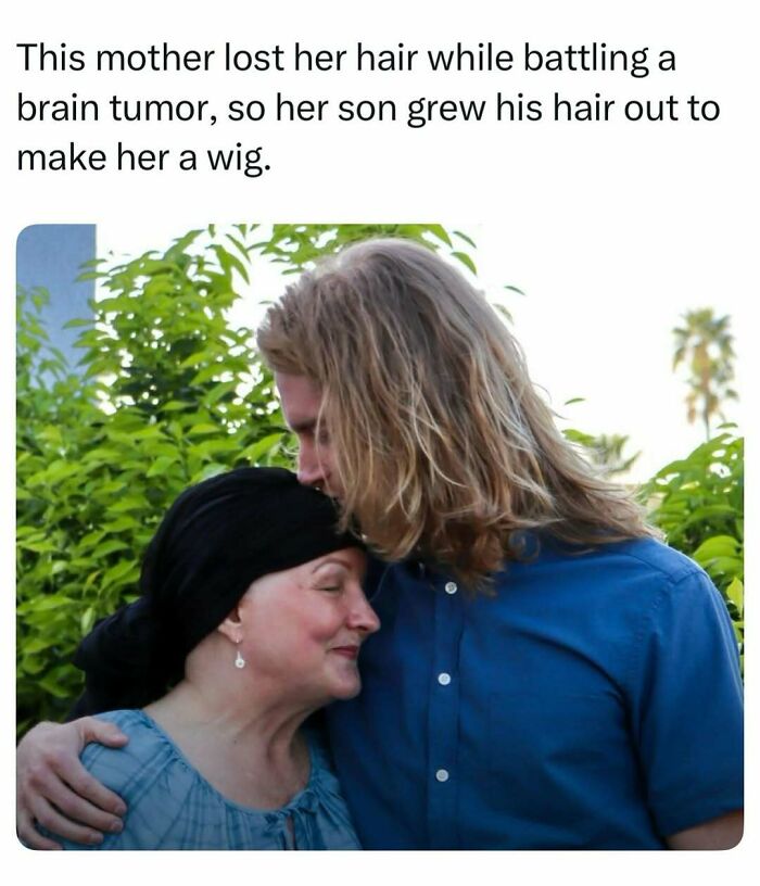 A son with long hair hugging his mother, representing heartwarming random finds from the internet.