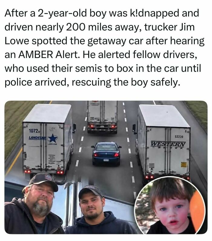 Two truck drivers and a young boy saved by an AMBER Alert, showcasing heartwarming fascinating stories online
