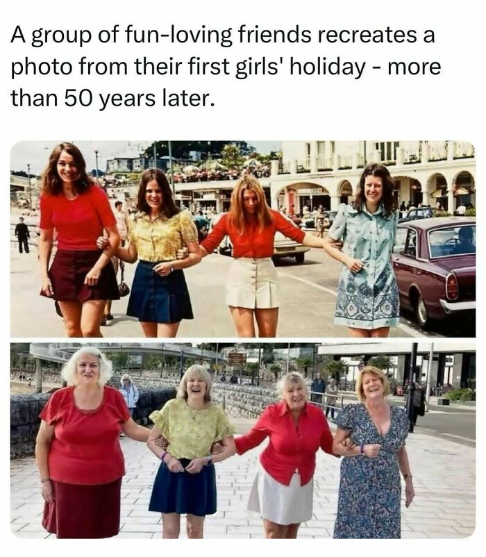 Four women recreating a vacation photo 50 years later, illustrating fascinating stories.
