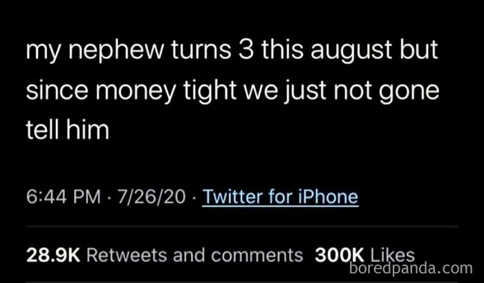 A screenshot of a funny twitter meme post about saving money on a nephew's birthday.