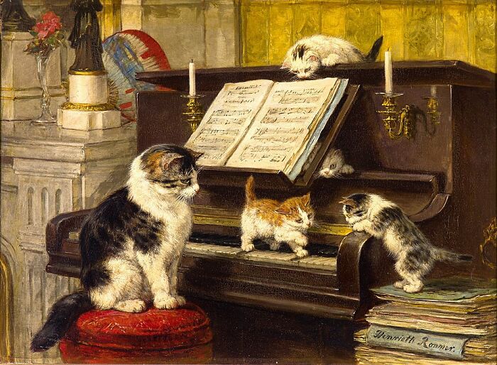 A 19th-century cat painting featuring multiple cats and kittens playing around a piano.