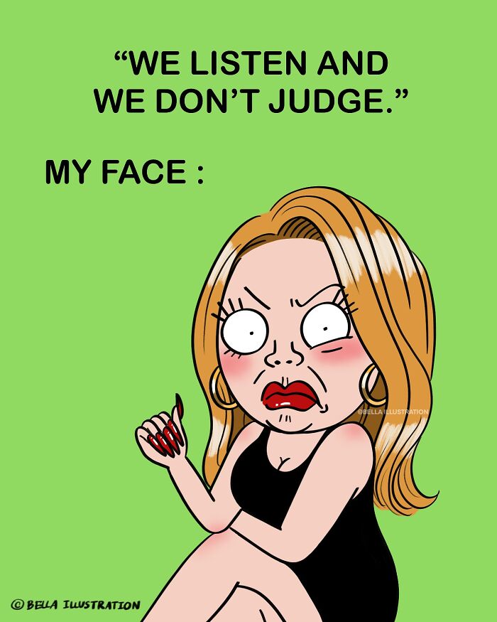 Humorous comic by Bella Maris showing a woman making a judgmental face, relatable for parents.