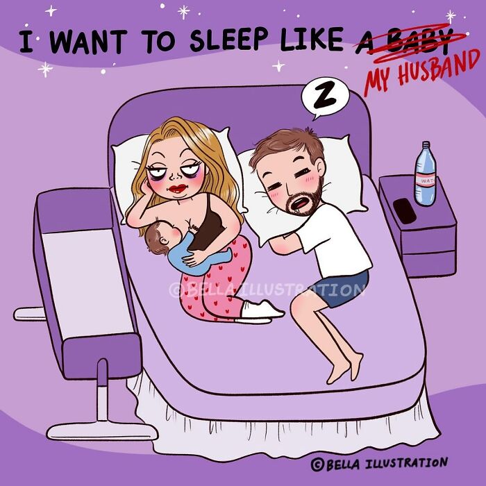 Humorous comic by Bella Maris illustrating a tired mother breastfeeding while her husband sleeps soundly, relatable for parents.