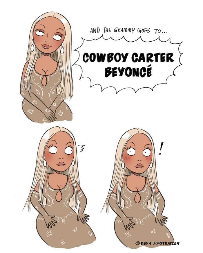 Humorous comic by Bella Maris featuring Beyoncé reacting to a Grammy award announcement, relatable for parents.