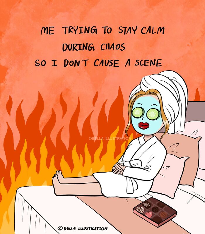 Humorous comic by Bella Maris depicting a parent trying to stay calm amidst chaos, relatable for parents.
