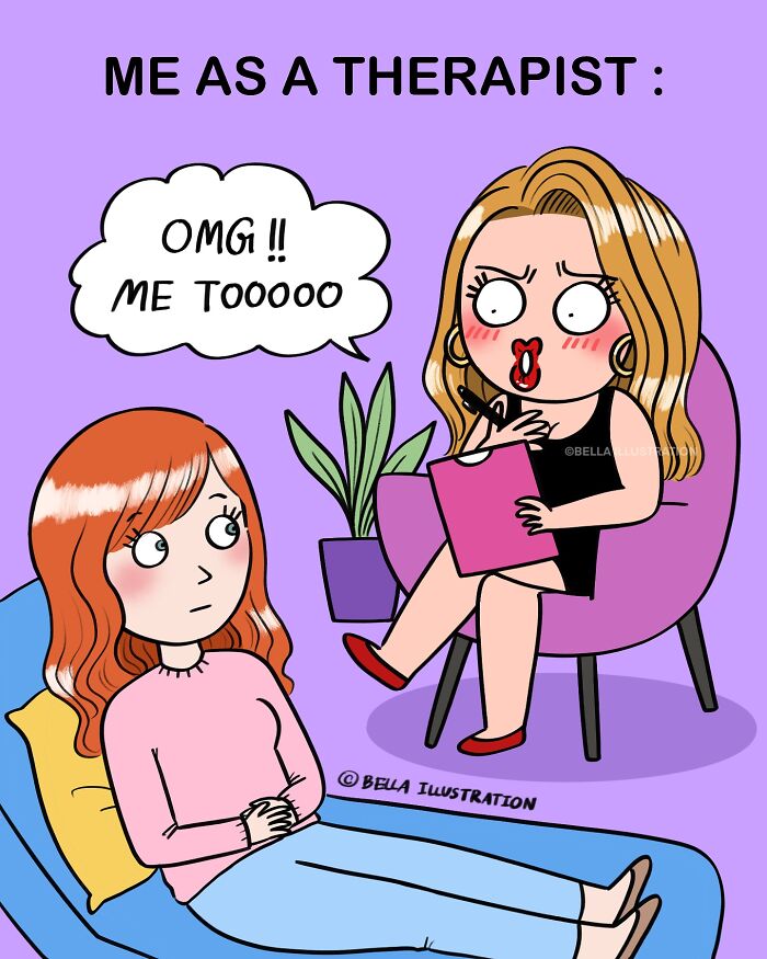 Humorous comic by Bella Maris showing a therapist enthusiastically relating to a patient's problem, relatable for parents.