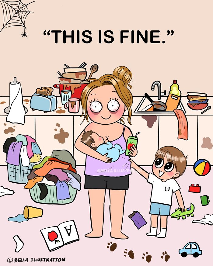 Humorous comic by Bella Maris relatable for parents, a stressed parent breastfeeding, This Is Fine caption, messy house