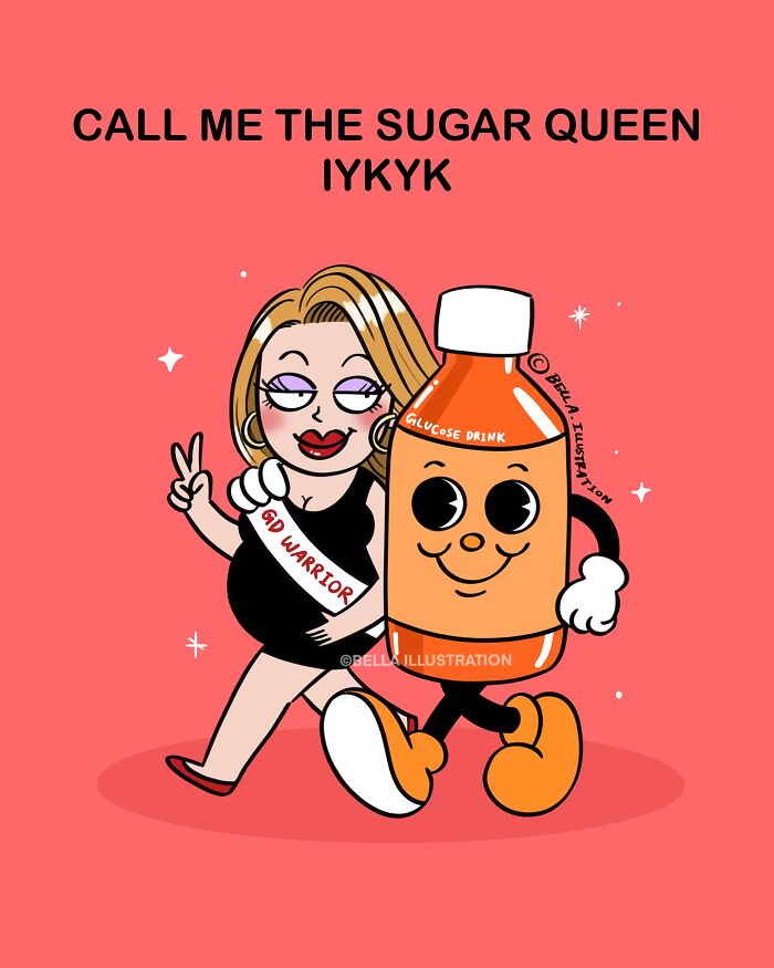 Humorous comic by Bella Maris relatable for parents, a pregnant woman with a GD Warrior sash and a glucose drink