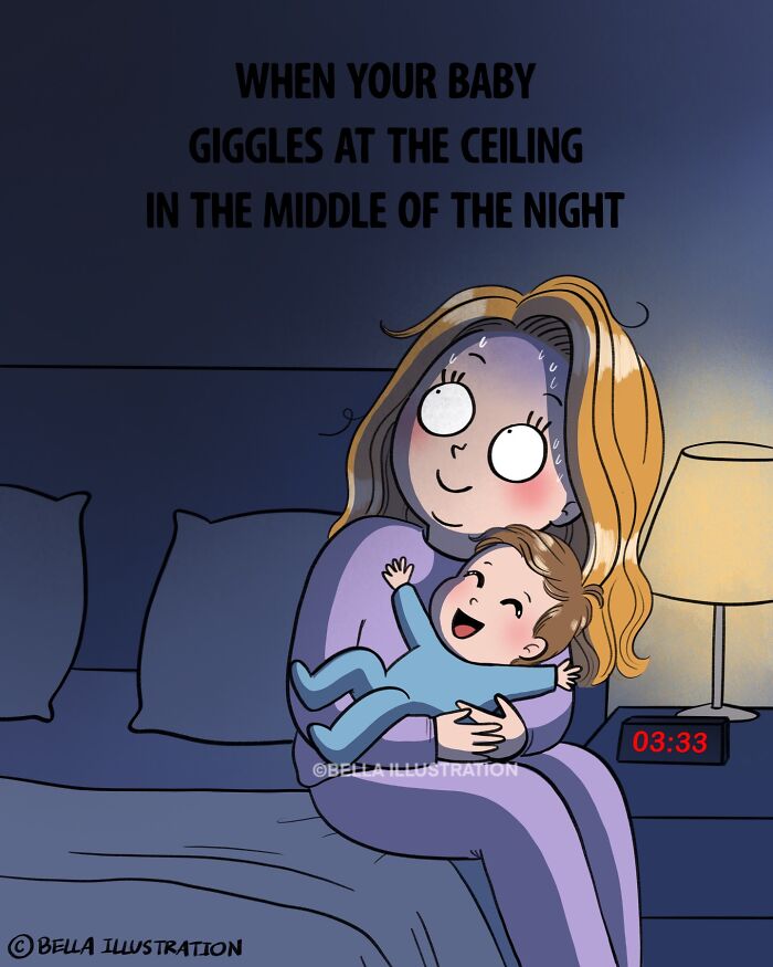 Humorous comic by Bella Maris relatable for parents, a parent holding a baby who giggles at the ceiling at 3:33 AM