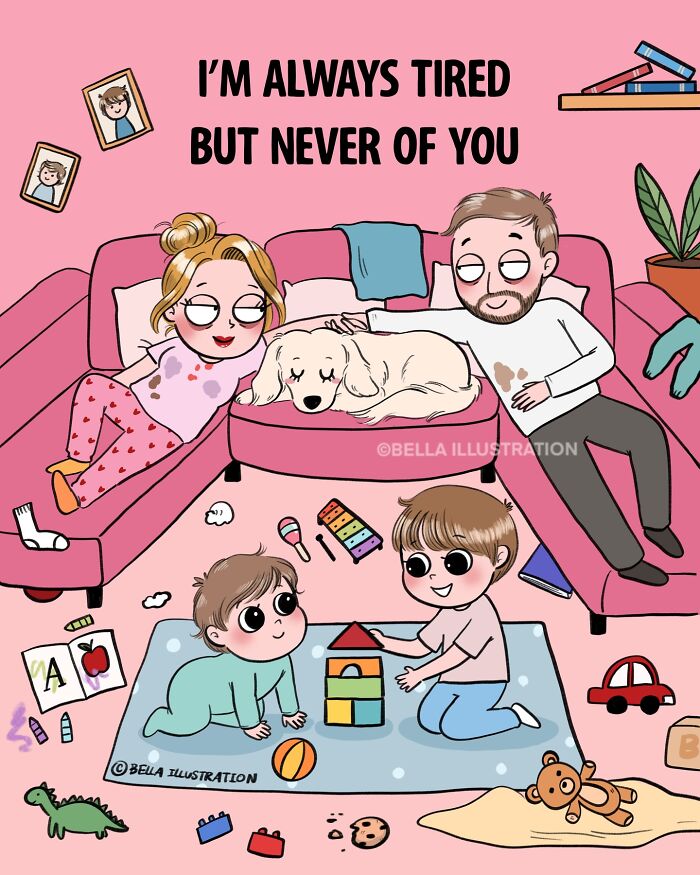 Humorous comic by Bella Maris showing a family on the couch with kids playing, relatable for parents.