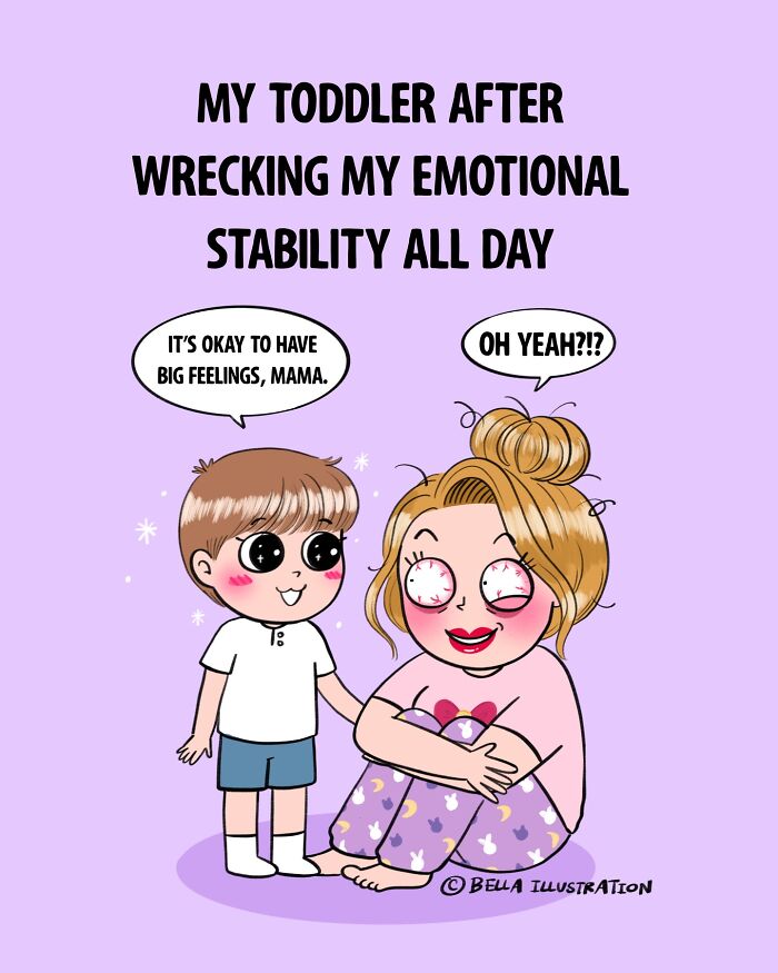 Humorous comic by Bella Maris showing a toddler and an exasperated parent, relatable for parents.