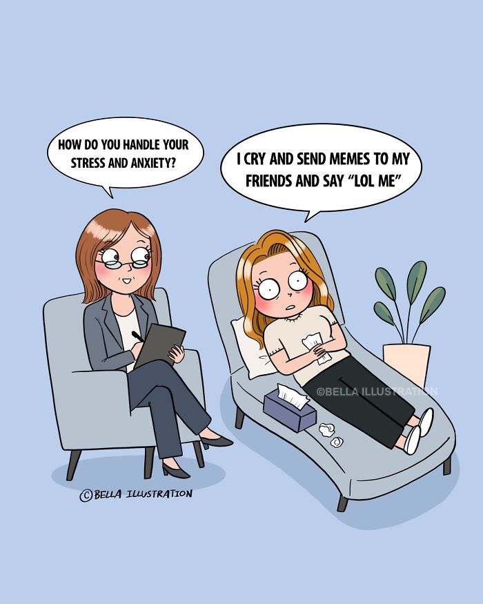 Humorous comic by Bella Maris showing a woman crying during therapy, relatable for parents.