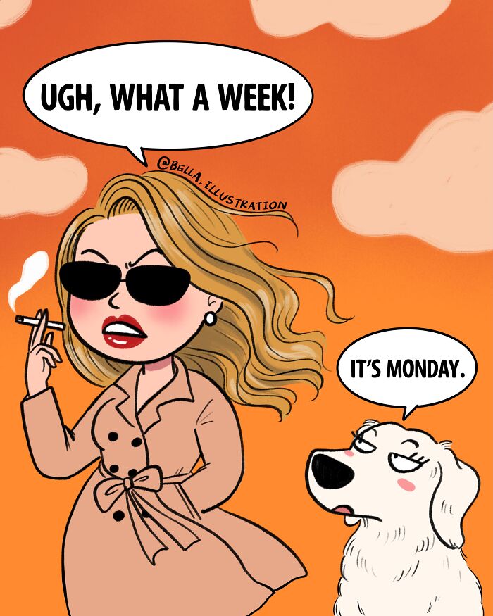 Humorous comic by Bella Maris showing a woman smoking and a dog, relatable for parents.