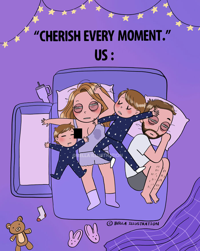 Humorous comic by Bella Maris showing tired parents and kids sleeping in a bed, relatable for parents.