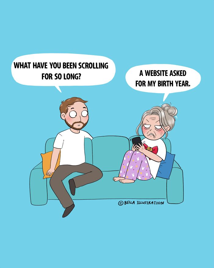 Humorous Bella Maris comic: a parent struggling with a website asking for their birth year, highlighting relatable parent humor.