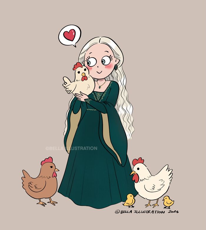 Humorous Bella Maris comic: a parent happily holding a chicken with other chickens and chicks, showcasing relatable parent moments.