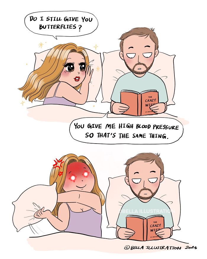 Humorous Bella Maris comic: a parent asking about butterflies while her partner reads, demonstrating relatable parent dynamics.