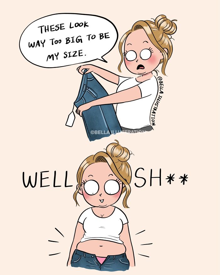 Humorous Bella Maris comic: a parent surprised by a pair of jeans that are too small, illustrating relatable parent humor.