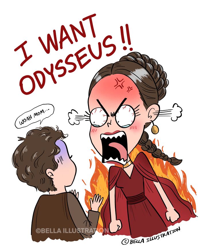 A humorous comic by Bella Maris showing a parent fiercely demanding a book character, startling her child.