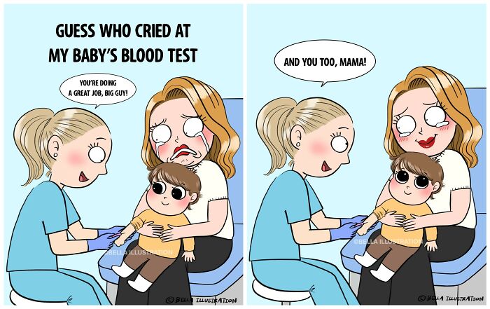 A humorous comic by Bella Maris showing a parent crying during her baby's blood test, with the baby comforting her.