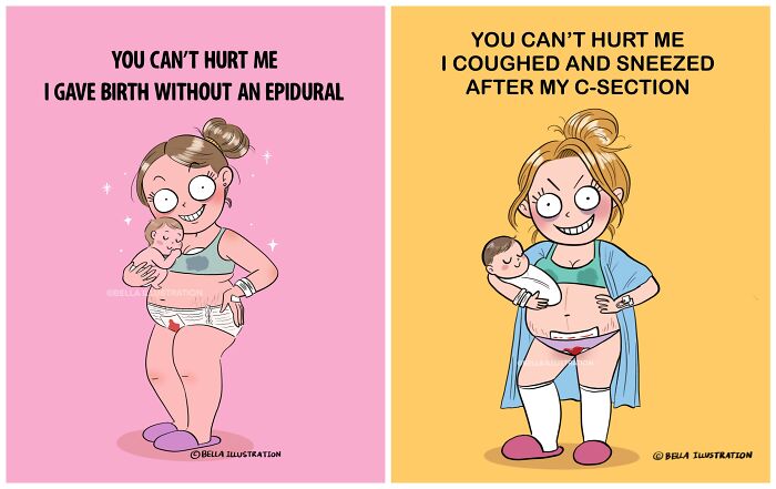 A humorous comic by Bella Maris showing a parent boasting about giving birth without an epidural and surviving a c-section.