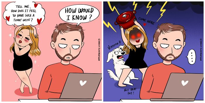 A humorous comic by Bella Maris showing a wife asking her husband how it feels to have a funny wife, then throwing a pot.