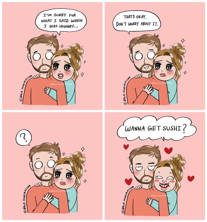 Humorous comic by Bella Maris showing a couple making up after an argument, relatable for parents.