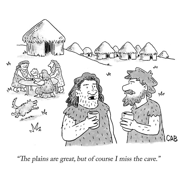 Cavemen discussing missing cave home in a prehistoric village cartoon, everyday situations cartoon