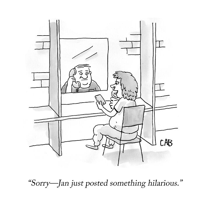 Cartoon showing a jail visitor distracted by funny social media post, humorous everyday situations cartoon
