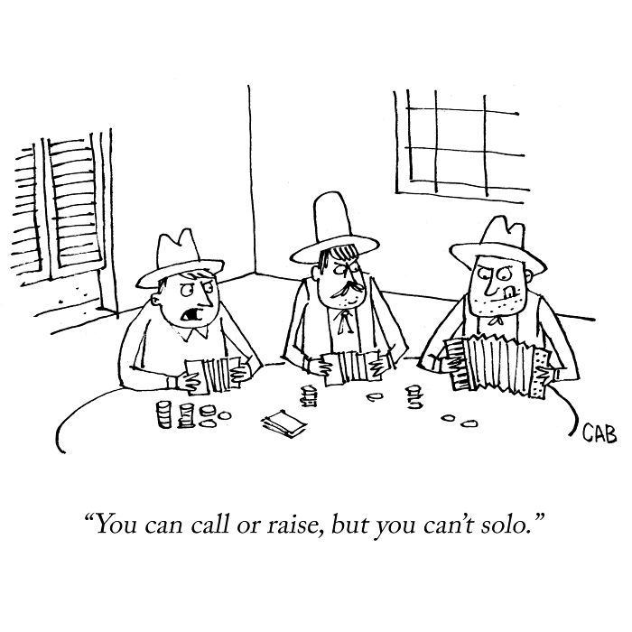 Cartoon of three men with accordions at a poker table with music pun