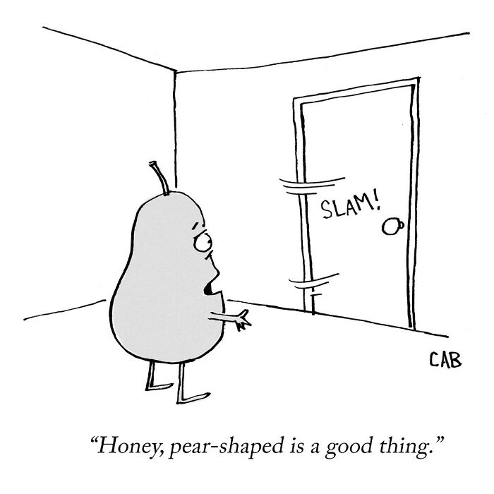 Cartoon of a pear-shaped character reacting to a slamming door