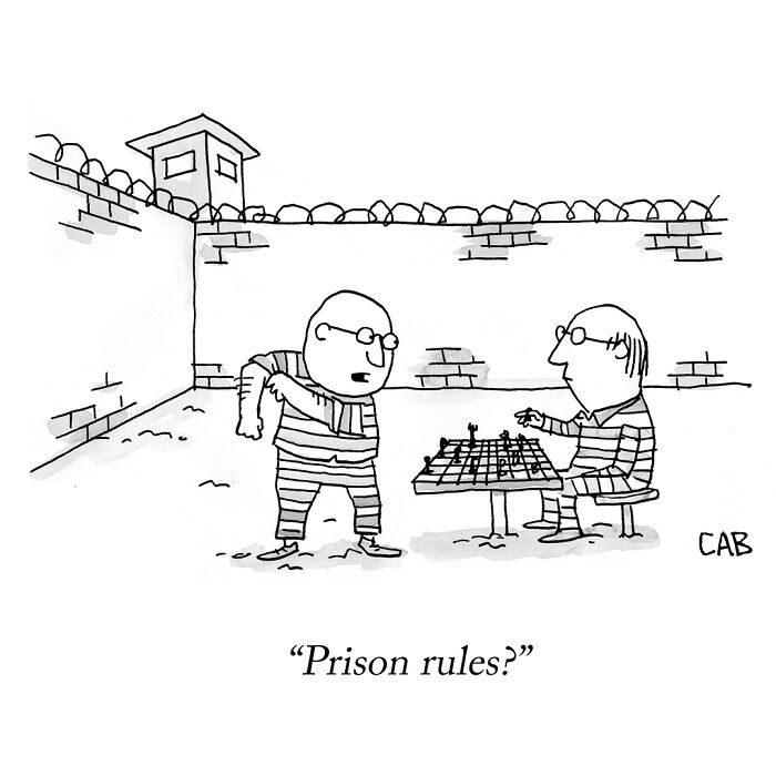 Cartoon of prisoners playing chess with caption about prison rules
