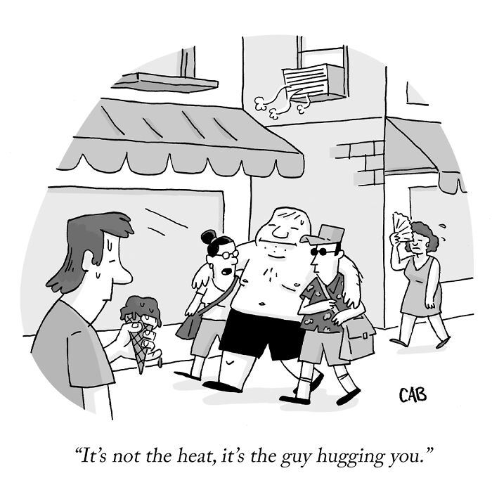 Cartoon of a man sweating while another man hugs tourists in summer heat